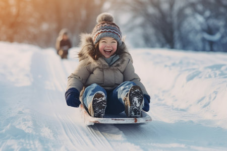 A joyful girl riding a sled down a frosty hillside, surrounded by a winter wonderland. The blue sky and snowy landscape create a playful and fun-filled atmosphere for a delightful sledding adventure. Generative AIの素材