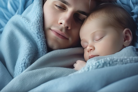 Close up of beautiful young man holding adorable baby wrapped in blue blanket. Cute child sleeping in father arms. light home background. Generative AIの素材
