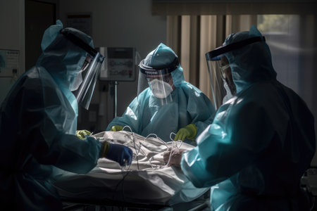A photograph of a scientific team in personal protective equipment caring for a unidentified object. The team can be seen through a window, and their dedication and commitment to fighting the pandemic are evident. Generative AIの素材
