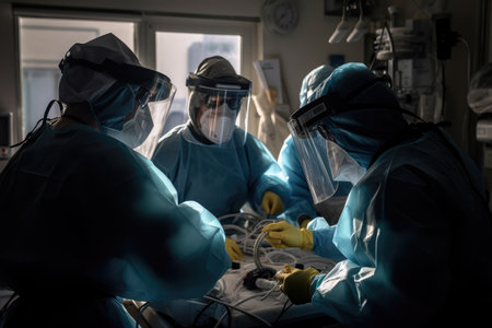 A photograph of a scientific team in personal protective equipment caring for a unidentified object. The team can be seen through a window, and their dedication and commitment to fighting the pandemic are evident. Generative AIの素材