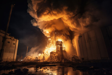 View of Big explosion and fire on power plant at night, with its bright lights and glowing smokestacks creating an eerie, almost otherworldly glow. Generative AIの素材