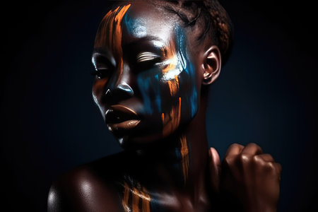 Portrait of a beautiful African woman with unusual body art with black skin and colored eyes and lips on a dark background. The concept of hidden feelings and desires. advertising poster. Generative AIの素材