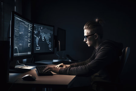 Programmer working at their computer, surrounded by monitors displaying code and debugging tools. The image highlights the intensity and focus required in modern programming. Generative AIの素材