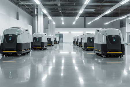 Team of robotic cleaners can be seen working together to clean a large commercial space. The robots move in unison, effortlessly gliding across the floor and leaving it sparkling clean. Generative AIの素材