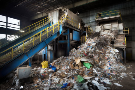 Modern photograph on the theme of waste recycling could depict a facility where waste is sorted and processed for reuse. The photograph could show the various stages of the recycling process, from sorting to shredding to melting down materials for repurposing. Generative AIの素材