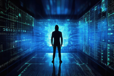 The futuristic photo features a Hacker in sleek, high-tech clothing, sitting in a dark room illuminated by screens displaying complex code and digital security measures. The atmosphere is intense and serious, emphasizing the importance of cyber security in the modern age. Generative AIの素材