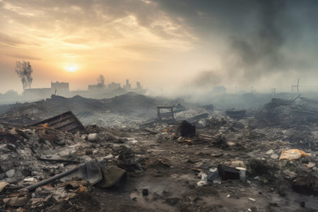 This striking photo captures the devastating effects of environmental pollution. The air is thick with smog, and the surrounding landscape is littered with garbage and debris. Generative AIの素材