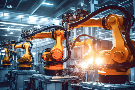 A stunning photograph capturing the latest advancements in autonomous technology and robotics. The image features a futuristic landscape with state-of-the-art robots and machines performing complex tasks autonomously. Generative AIの素材