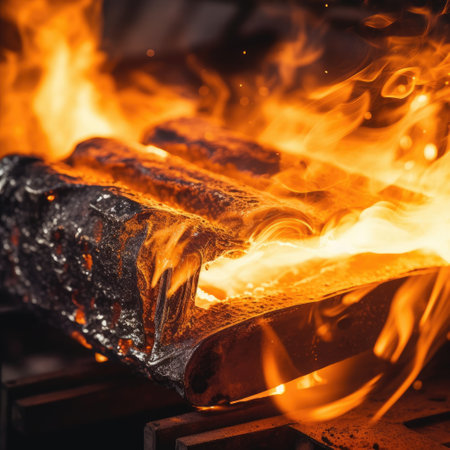 Realistic photograph with a metal background and flames reflecting off its surface. The flames are bright and intense, casting flickering shadows across the metal texture. Gnerative AIの素材