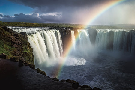 Immerse yourself in the captivating beauty of nature with this stunning photograph capturing the majestic combination of a waterfall and a vibrant rainbow. The powerful rush of water cascades down with sheer force, creating a mesmerizing display of motion and energy. Generative AIの素材