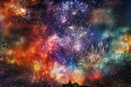 The night sky is transformed into a canvas of explosive beauty as vibrant bursts of fireworks create a symphony of shimmering hues. Generative AIの素材