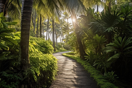 A breathtaking sunset view over a serene beach, with crystal-clear turquoise waters reflecting the colorful evening sky and a lone palm tree swaying gently in the breeze. Generative AIの素材
