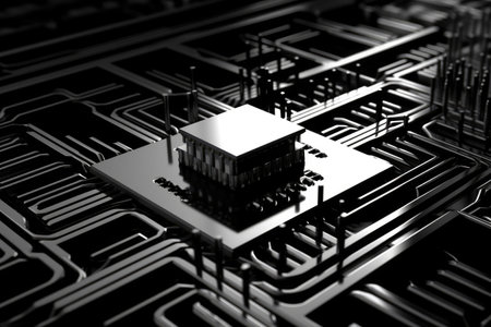 futuristic world of digital technology with its focus on the internal workings of a computer's central processing unit (CPU). The close-up view of the circuit board and microchip highlights the complexity and sophistication of modern hardware. Generative AIの素材