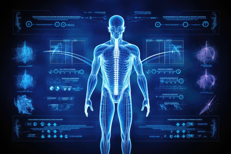 The composition features a person connected to various sensors and devices, with a computer screen displaying real-time data and visuals. Generative AIの素材