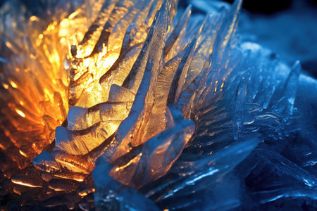 Heat and cold blend together in this stunning photograph. The scorching sun casts its fiery rays on a backdrop of icy blues, creating a captivating visual juxtaposition. Generated AIの素材