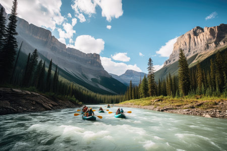 Immerse yourself in the thrilling adventure captured in this photograph. Set against the backdrop of a scenic river, the image depicts a team of courageous individuals engaged in the exhilarating sport of rafting. Generative AIの素材
