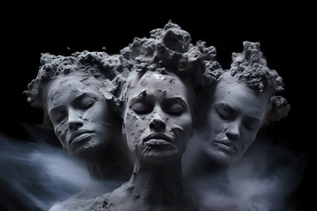 Magnetic powder to create fluid forms, with recognizable faces and figures subtly emerging from the composition. Generated AIの素材