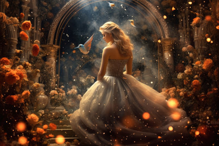 Princess adorned in breathtaking beauty emerges from a dreamlike atmosphere. The surreal and ethereal ambiance transports us to a realm of enchantment. Generative AIの素材