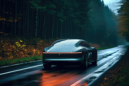 Advancements in autonomous technology as the self-driving car gracefully navigates the road, creating a sense of innovation and a glimpse into the future of transportation. Generative AIの素材