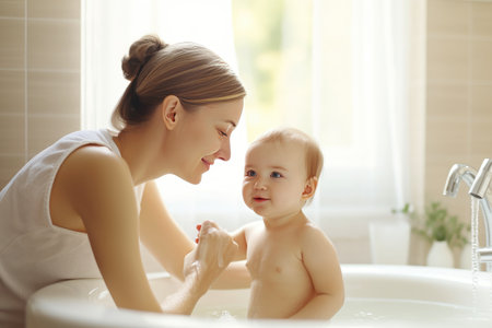 A touching scene unfolds as a mother gently washes his adorable infants, boys and girls, in a warm bath, ensuring their cleanliness, hygiene, and happiness. Their wet faces beam with joy and love, creating a beautiful family moment. Generative AIの素材