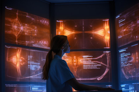 Futuristic medical setting where advanced technology is used to analyze and monitor the human body. The composition features a person connected to various sensors and devices, with a computer screen displaying real-time data and visuals. Generative AIの素材