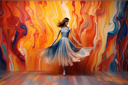 Beautiful woman with elegant dress melting in Multi-colored paint. Generative AIの素材