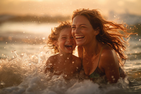 This beautiful and atmospheric photograph captures a heartwarming moment between a mother and her daughter as they playfully splash in the sea. Generative AIの素材