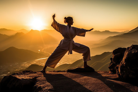 A strong woman practicing martial arts on the top of a mountain at sunset. The woman showcases her taekwondo technique with a powerful kick, embodying the beauty of martial arts in nature's embrace. Generative AIの素材