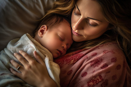 Close up of beautiful young woman holding adorable baby wrapped in blanket. Cute child sleeping in mother arms. light home background. concept of motherhood. Generative AIの素材