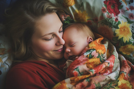 Close up of beautiful young woman holding adorable baby wrapped in blanket. Cute child sleeping in mother arms. light home background. concept of motherhood. Generative AIの素材