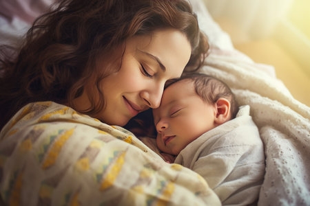 Close up of beautiful young woman holding adorable baby wrapped in blanket. Cute child sleeping in mother arms. light home background. concept of motherhood. Generative AIの素材