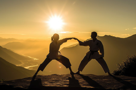 A strong couple practicing martial arts on the top of a mountain at sunset. The woman showcases her taekwondo technique with a powerful kick, embodying the beauty of martial arts in nature's embrace. Generative AIの素材