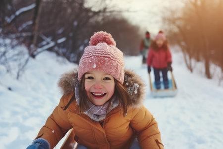 A joyful girl riding a sled down a frosty hillside, surrounded by a winter wonderland. The blue sky and snowy landscape create a playful and fun-filled atmosphere for a delightful sledding adventure. Generative AIの素材