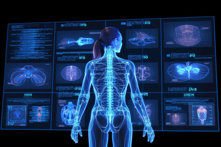 The composition features a person connected to various sensors and devices, with a computer screen displaying real-time data and visuals. Generative AIの素材