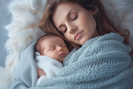 Close up of beautiful young woman holding adorable baby wrapped in blue blanket. Cute child sleeping in mother arms. light home background. concept of motherhood. Generative AIの素材