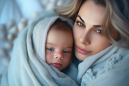Close up of beautiful young woman holding adorable baby wrapped in blue blanket. Cute child sleeping in mother arms. light home background. concept of motherhood. Generative AIの素材