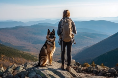 A sporty girl with a backpack stands on the edge of a mountain with a big dog. Generative AIの素材