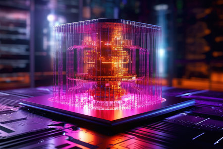 World of quantum computing and quantum technology, with its abstract and complex nature depicted through striking visuals of light and color. Generative AIの素材