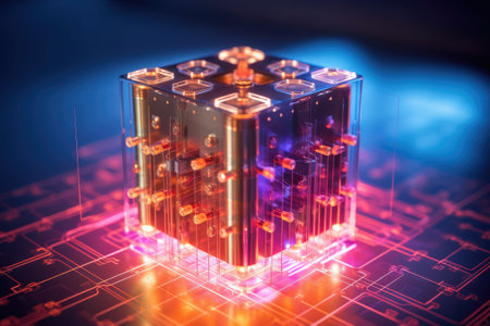 World of quantum computing and quantum technology, with its abstract and complex nature depicted through striking visuals of light and color. Generative AIの素材