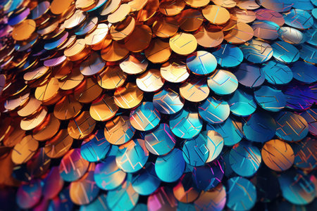 The digital textures create a sense of depth and dimension, while the abstract patterns evoke a feeling of technological sophistication. The fusion of geometric shapes, metallic surfaces, and illuminated lines adds a touch of modernity and elegance to the composition. Generative AIの素材