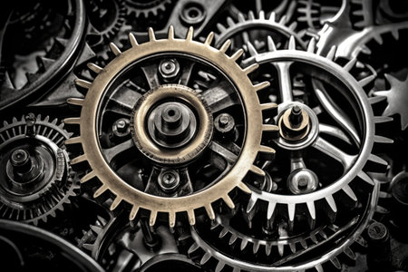 Intricate beauty of mechanical textures. The image highlights the precise details, metallic surfaces, and industrial elements, creating a visually stunning composition. Generative AIの素材