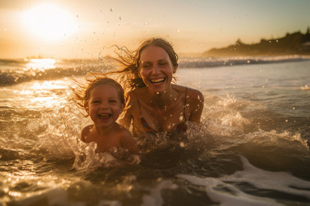 This beautiful and atmospheric photograph captures a heartwarming moment between a mother and her daughter as they playfully splash in the sea. Generative AIの素材