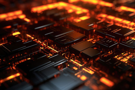 futuristic world of digital technology with its focus on the internal workings of a computer's central processing unit (CPU). The close-up view of the circuit board and microchip highlights the complexity and sophistication of modern hardware. Generative AIの素材