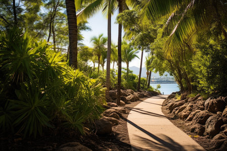 A breathtaking sunset view over a serene beach, with crystal-clear turquoise waters reflecting the colorful evening sky and a lone palm tree swaying gently in the breeze. Generative AIの素材