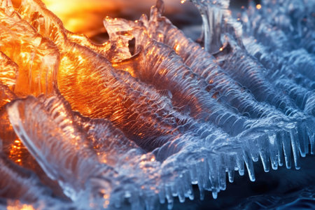 Heat and cold blend together in this stunning photograph. The scorching sun casts its fiery rays on a backdrop of icy blues, creating a captivating visual juxtaposition. Generated AIの素材