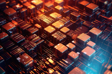 The digital textures create a sense of depth and dimension, while the abstract patterns evoke a feeling of technological sophistication. The fusion of geometric shapes, metallic surfaces, and illuminated lines adds a touch of modernity and elegance to the composition. Generative AIの素材