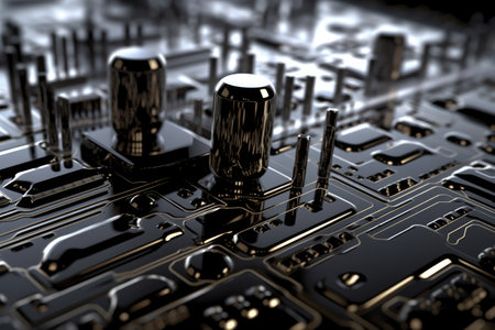 futuristic world of digital technology with its focus on the internal workings of a computer's central processing unit (CPU). The close-up view of the circuit board and microchip highlights the complexity and sophistication of modern hardware. Generative AIの素材