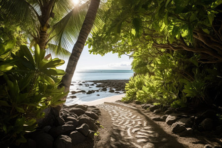 A breathtaking sunset view over a serene beach, with crystal-clear turquoise waters reflecting the colorful evening sky and a lone palm tree swaying gently in the breeze. Generative AIの素材