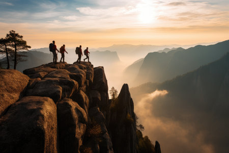 Big group of people having fun in success pose with raised arms on mountain top against sunset lakes and mountains. Travel, adventure or expedition concept. Generative AIの素材