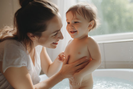 A touching scene unfolds as a mother gently washes his adorable infants, boys and girls, in a warm bath, ensuring their cleanliness, hygiene, and happiness. Their wet faces beam with joy and love, creating a beautiful family moment. Generative AIの素材